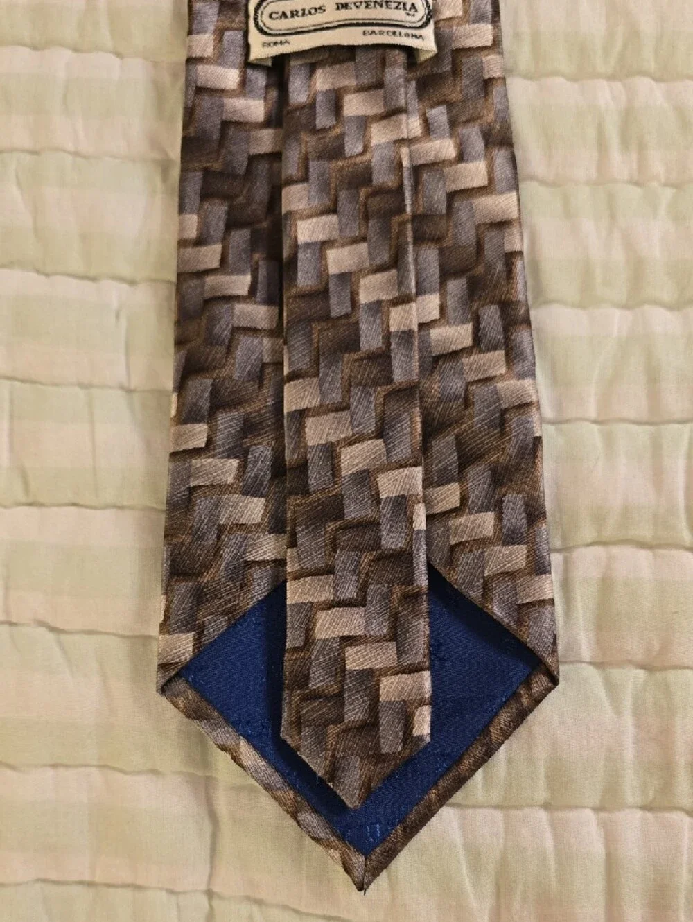 CARLOS DeVENEZIA Silk Handmade Brown Geometric Pattern Men's Tie 59 Inches Long